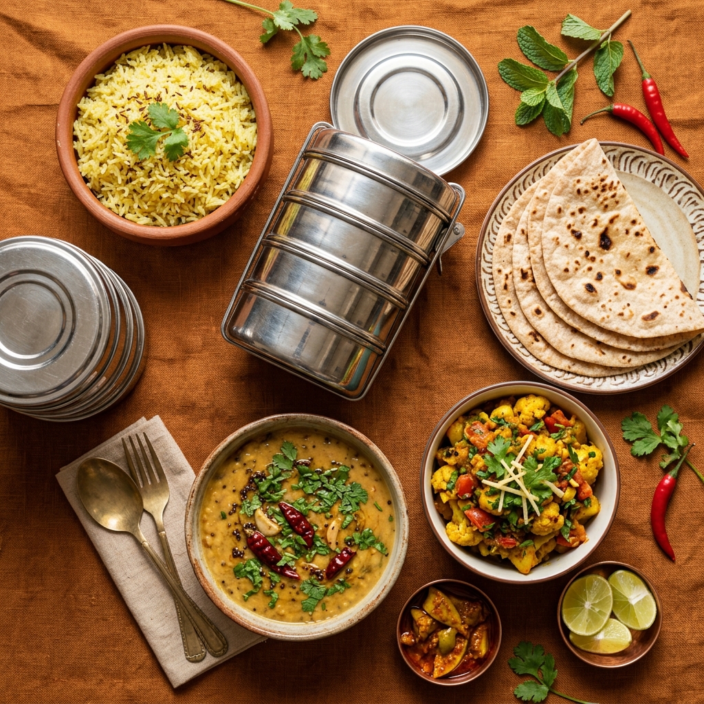 Indian tiffin containing soft rotis, aromatic dal tadka, jeera rice, and aloo gobhi